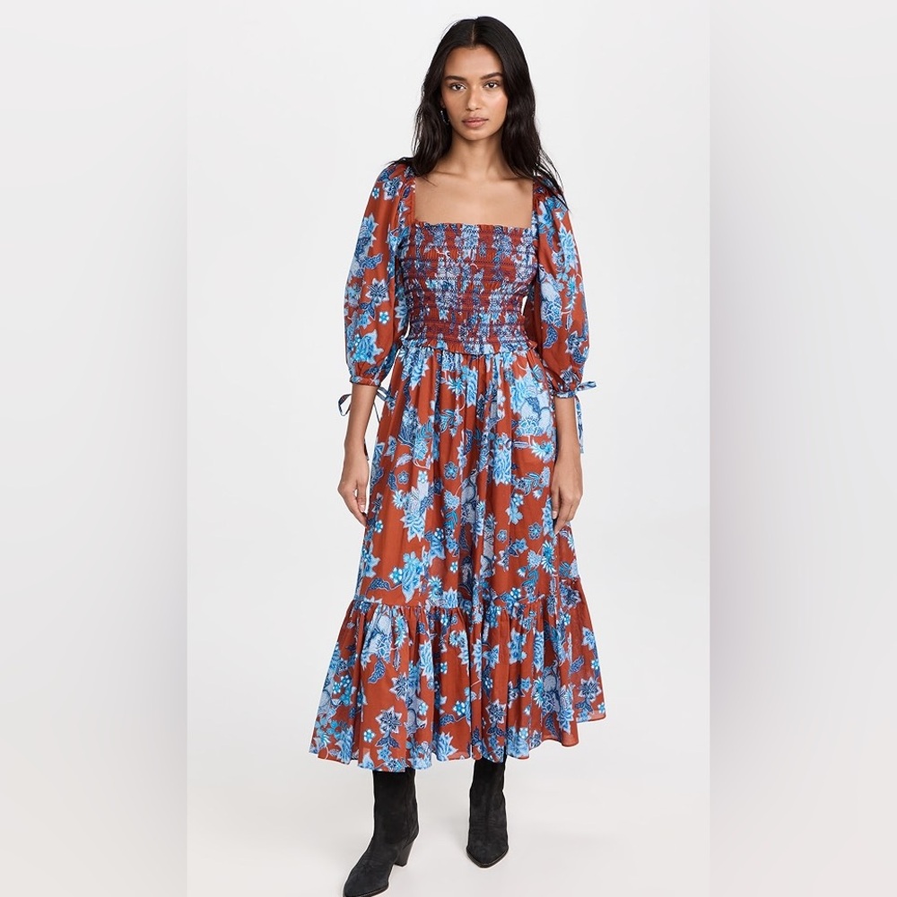 Cara Cara -Jazzy Rust/Blue Floral 3/4 sleeve tiered Dress